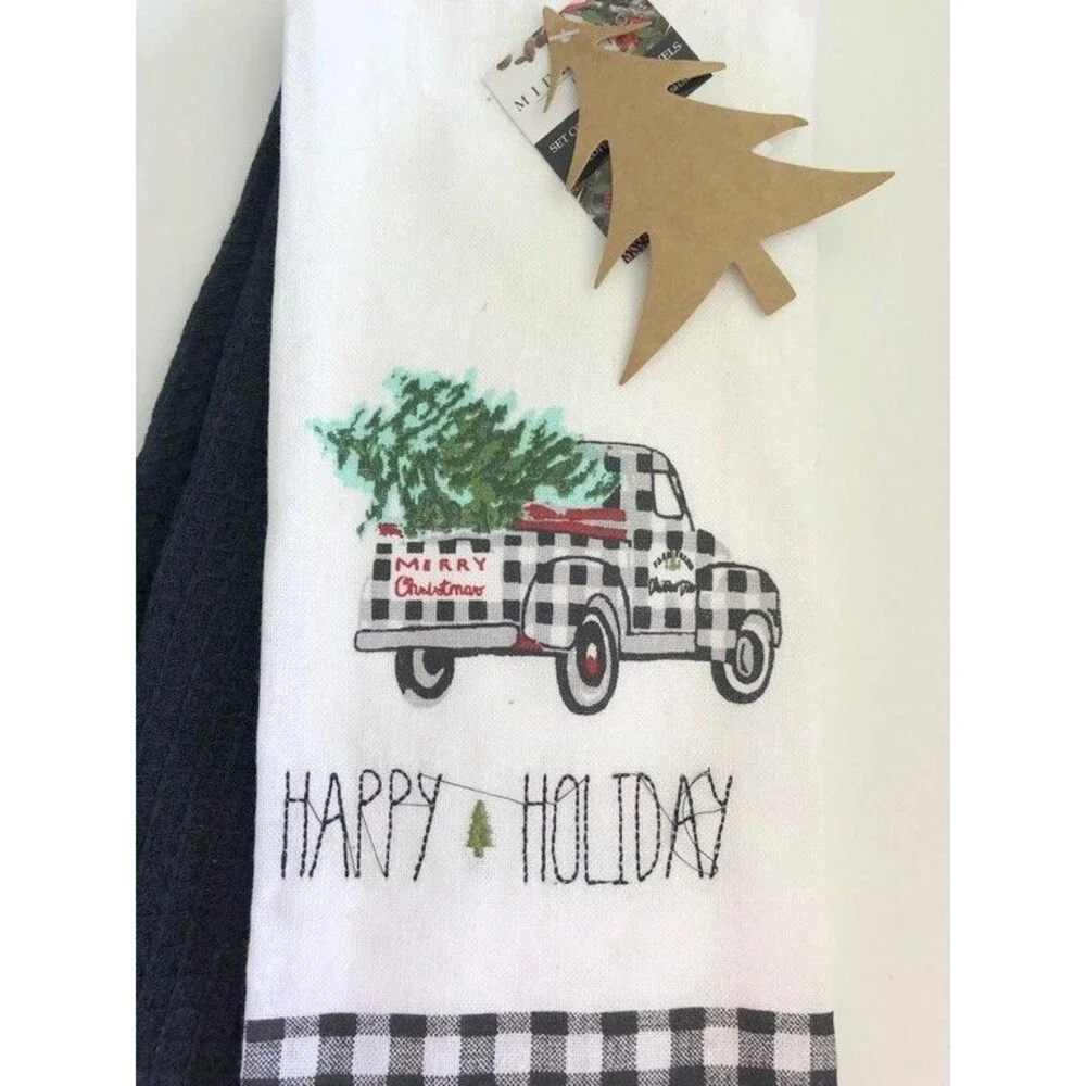 Christmas Kitchen Dish Towels Embroidered Happy Black Buffalo Check Set of 2